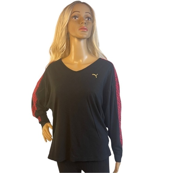Puma Black & Pink Aniimal Print Detail V Neck Long Sleeve Tee - Picture 1 of 7
